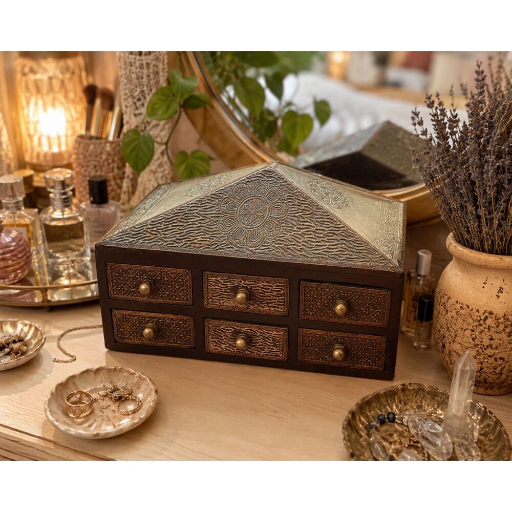 Vintage Boho Jewelry Chest | 6 Drawer Wooden Trinket Box | Rustic Organizer